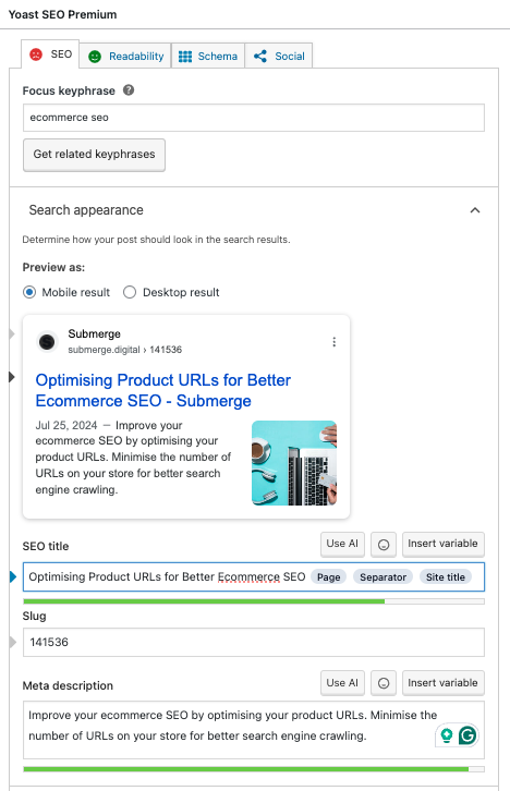 Yoast dashboard - ecommerce seo