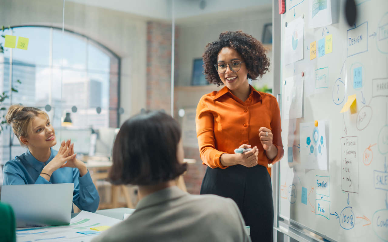 Office workers at a fintech brainstorming ideas with a whiteboard