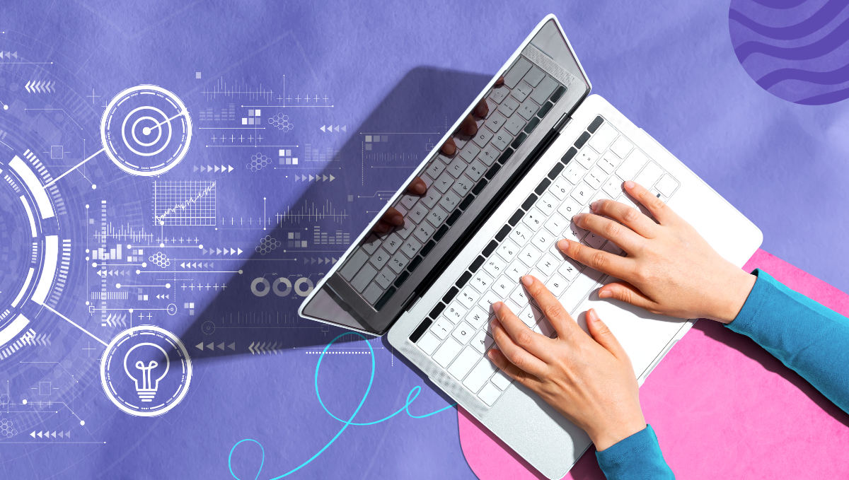 Marketer writing for search and AI - hands on a laptop