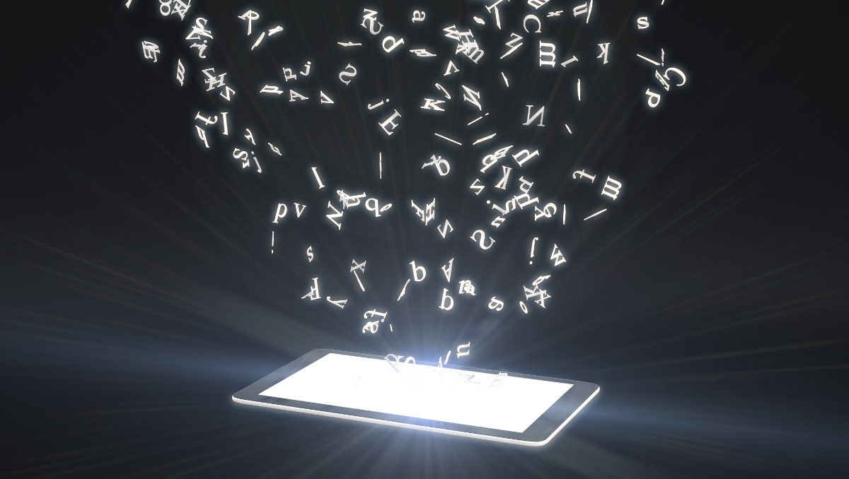 AI glossary - flying letters from a glowing smartphone