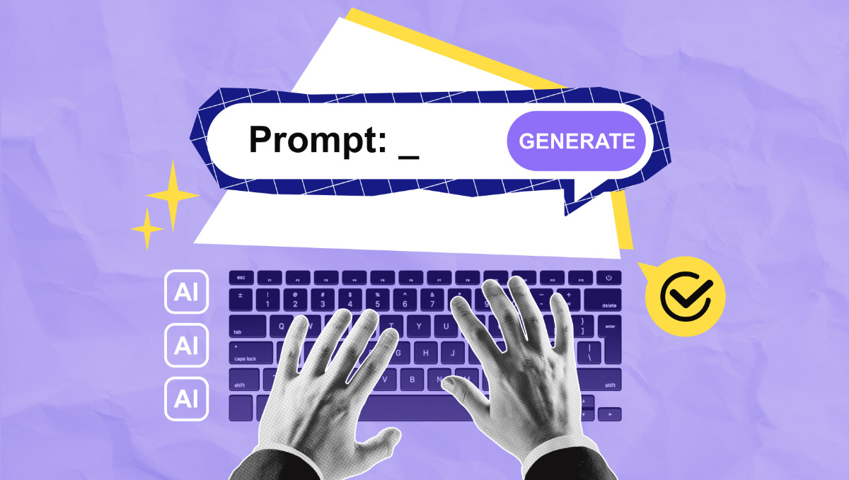 Ethics in AI - Hands typing on keyboard with prompt generation bubble in creative collage style on a purple background